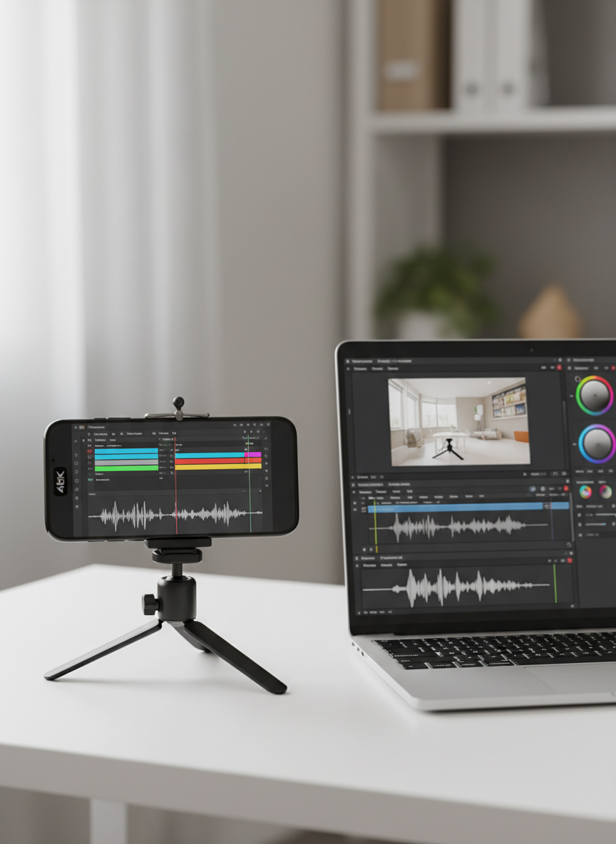 A sleek black smartphone mounted horizontally on a compact, professional tripod, its screen displaying a paused 4K video timeline with colorful clips and audio waveforms. The setup rests on a clean white desk beside a silver laptop with an open video editing interface, waveforms and color grading wheels clearly visible. Soft, diffused daylight from an unseen window illuminates the devices, creating gentle reflections on the glass and metal surfaces, while the background falls into a subtle bokeh of neutral office tones. Captured at eye level with photographic realism and a shallow depth of field, the composition uses the rule of thirds for a balanced, modern, and highly professional digital media workspace atmosphere.