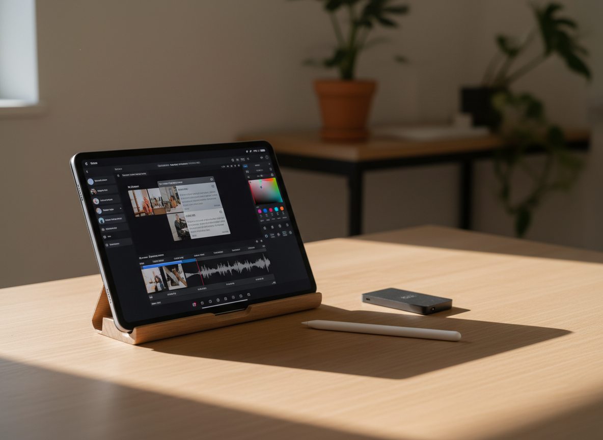 A minimal mobile video editing corner featuring a thin black tablet propped on a wooden stand, its bright screen showing a vertical social media video edit with layered clips, captions, and color controls. Next to it lies a wireless stylus on a smooth, light oak desk surface, along with a small external SSD drive. Indirect afternoon light from the side washes the scene in a neutral, well-balanced glow, leaving soft, elongated shadows. The background is intentionally out of focus but hints at a tidy, modern studio environment. Framed using the rule of thirds with a shallow depth of field, the photographic style feels calm, precise, and highly professional, emphasizing focused digital craft.