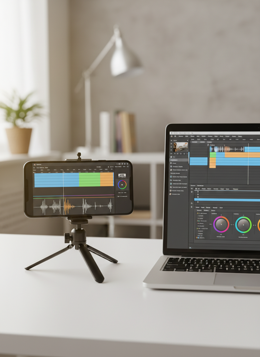 A sleek black smartphone mounted horizontally on a compact, professional tripod, its screen displaying a paused 4K video timeline with colorful clips and audio waveforms. The setup rests on a clean white desk beside a silver laptop with an open video editing interface, waveforms and color grading wheels clearly visible. Soft, diffused daylight from an unseen window illuminates the devices, creating gentle reflections on the glass and metal surfaces, while the background falls into a subtle bokeh of neutral office tones. Captured at eye level with photographic realism and a shallow depth of field, the composition uses the rule of thirds for a balanced, modern, and highly professional digital media workspace atmosphere.