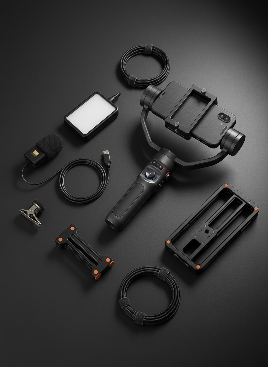 An organized mobile video production kit neatly arranged on a matte charcoal tabletop, featuring a modern smartphone gimbal, a compact LED panel light, clip-on microphone, foldable phone rig, and neatly coiled cables. Each accessory has a refined, matte black or brushed metal finish, with small colored accents indicating controls and status lights. Overhead, soft studio lighting creates clear, crisp highlights on the equipment edges and subtle shadows between objects, emphasizing their form. Shot from a slightly elevated, top-down perspective with sharp focus across the frame, the photographic realistic image has a clean, minimalist, and technical aesthetic that communicates readiness and professional digital filmmaking skills.