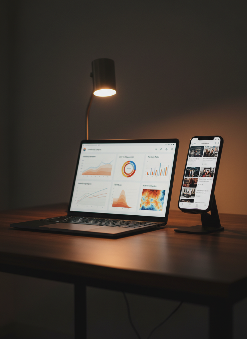 A dual-screen workstation dedicated to mobile video analytics, with a slim black laptop displaying a dashboard of engagement graphs, retention curves, and heatmaps, while a large smartphone docked vertically beside it shows a published video thumbnail grid. The devices sit on a dark walnut desk with a subtle grain, accompanied by a small, modern desk lamp casting a warm, focused pool of light over the screens. The rest of the room fades into soft shadow, emphasizing the glowing interfaces. Captured at a three-quarter angle with medium depth of field, the photographic realism highlights clean lines and data clarity, creating a focused, strategic atmosphere that underscores the analytic side of digital media work.