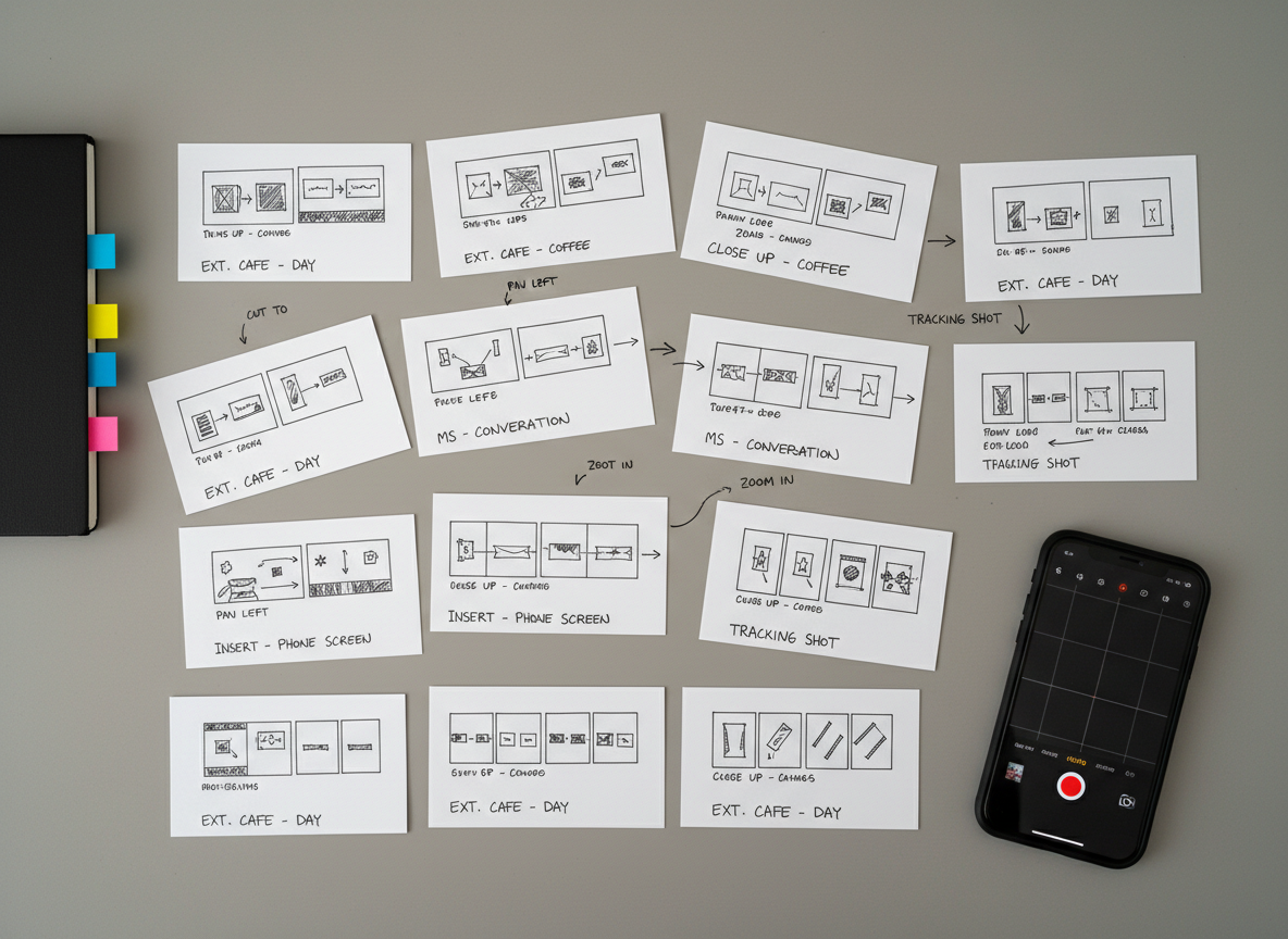 A professional flat-lay of storyboard frames sketched on crisp white index cards, each card containing small rectangular panels, arrows, and shot notes labeled with concise handwritten text. A smartphone with its camera app open lies at the edge of the arrangement, and a slim black notebook with color-coded sticky tabs peeks into the frame. The cards are spread across a mid-tone gray desk, giving clear contrast and readability. Overhead softbox lighting provides even illumination with almost no harsh shadows, ideal for documentation. Captured from directly above with photographic realism and perfect sharpness, the composition is orderly yet creative, evoking structured planning and thoughtful visual storytelling for mobile video projects.