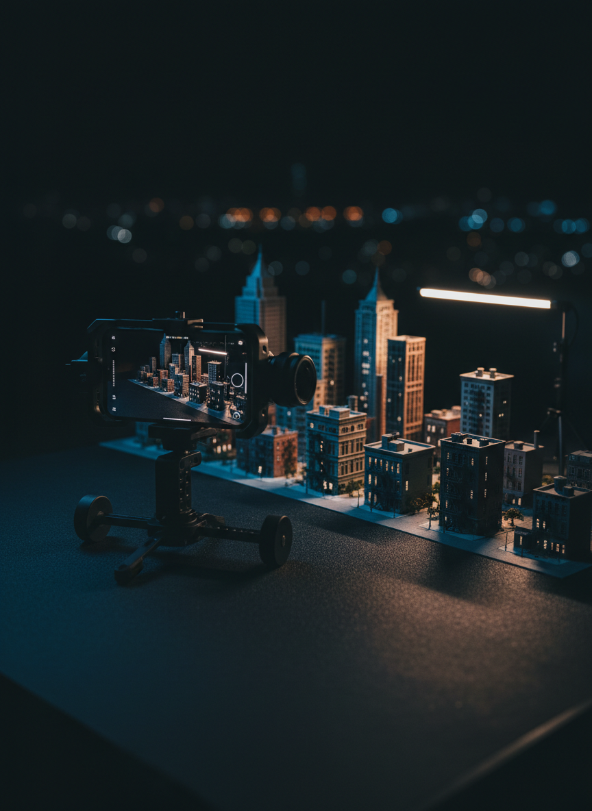 A dark, cinematic mobile shooting setup at night, featuring a smartphone clamped into a low-profile rig, aimed at a small model cityscape made from detailed miniature buildings on a black surface. A single, narrow LED light bar off to the side casts dramatic, directional light across the tiny structures, creating deep shadows and a strong contrast. Subtle blue and orange gel filters tint the highlights, suggesting stylized color grading. Shot from a low angle behind the phone, with the phone in partial silhouette and the miniature skyline in sharp focus, the photographic image feels bold, experimental, and intensely professional, perfectly suited to showcase advanced mobile cinematography skills.
